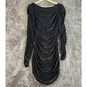 Vintage 80s Ruched Black Gold Metallic Mini Dress Long Sleeve Sheath Size 7 8